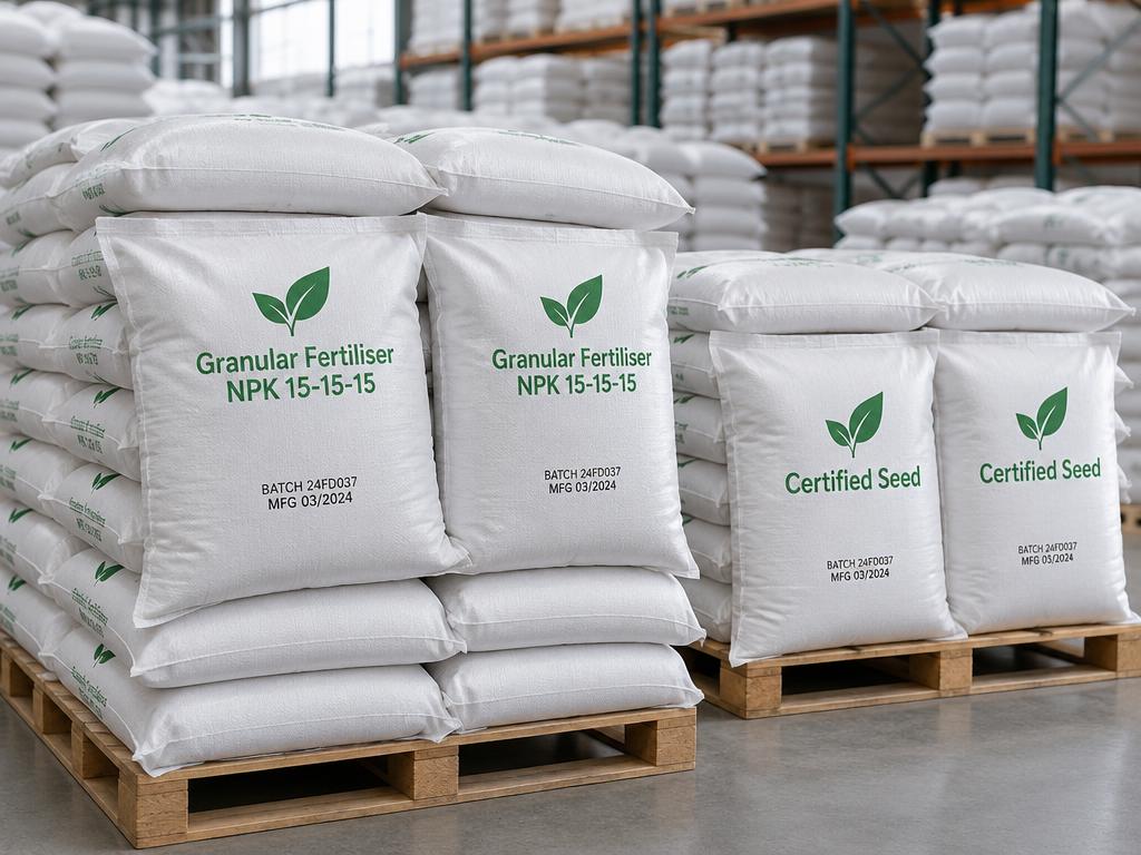Fertiliser and seed bags on pallets with printed batch codes
