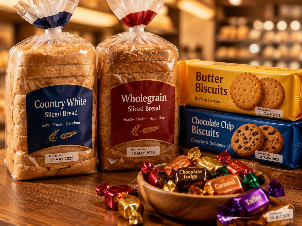 Packaged bread, biscuits and sweets with best-before dates