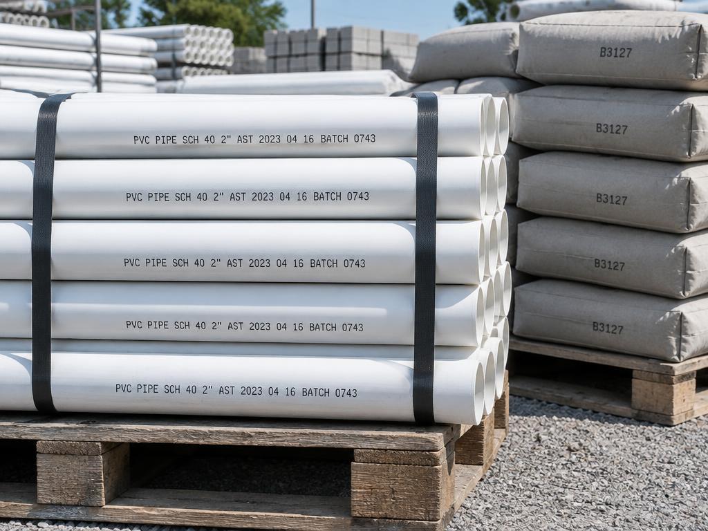 PVC pipes with printed markings beside stacked cement bags