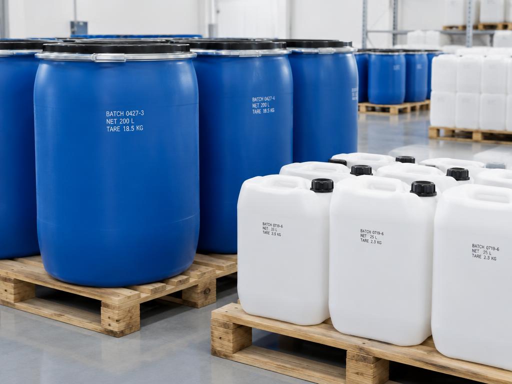 Chemical drums and jerrycans marked with batch numbers