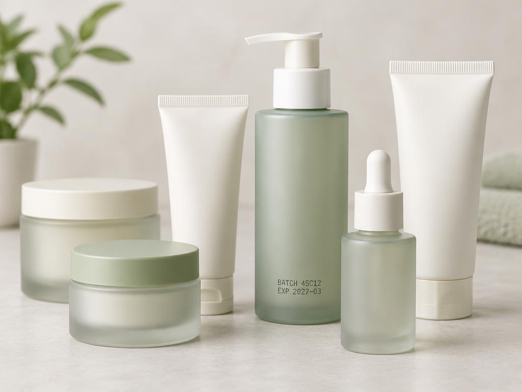 Skincare bottles, tubes and jars with a printed batch code