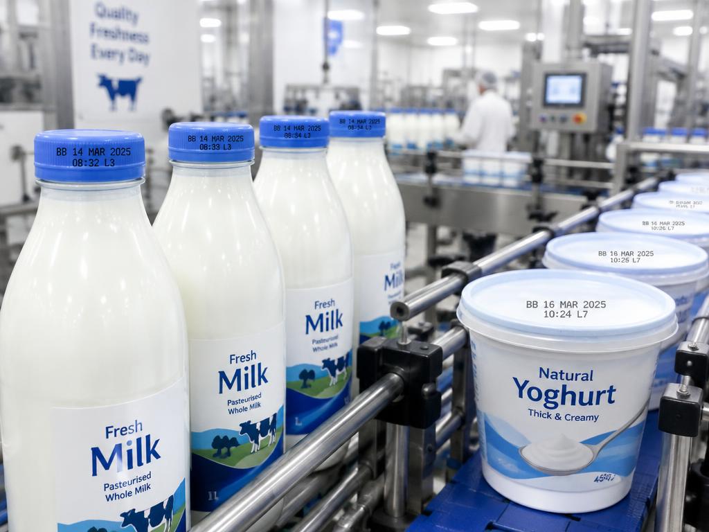 Milk bottles and yoghurt tubs with best-before dates printed on lids