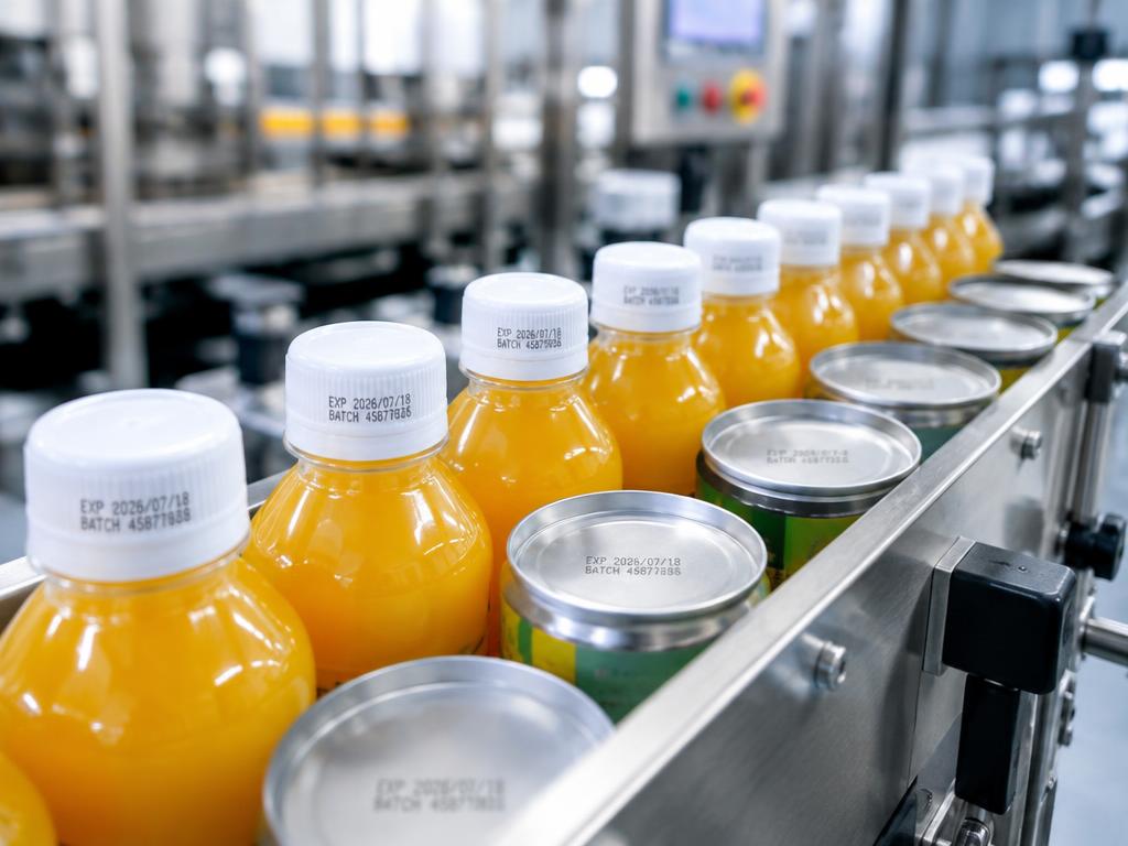 Juice bottles and cans on a conveyor with printed expiry dates and batch codes