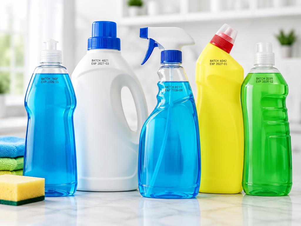Detergent and cleaning bottles with printed batch and expiry codes