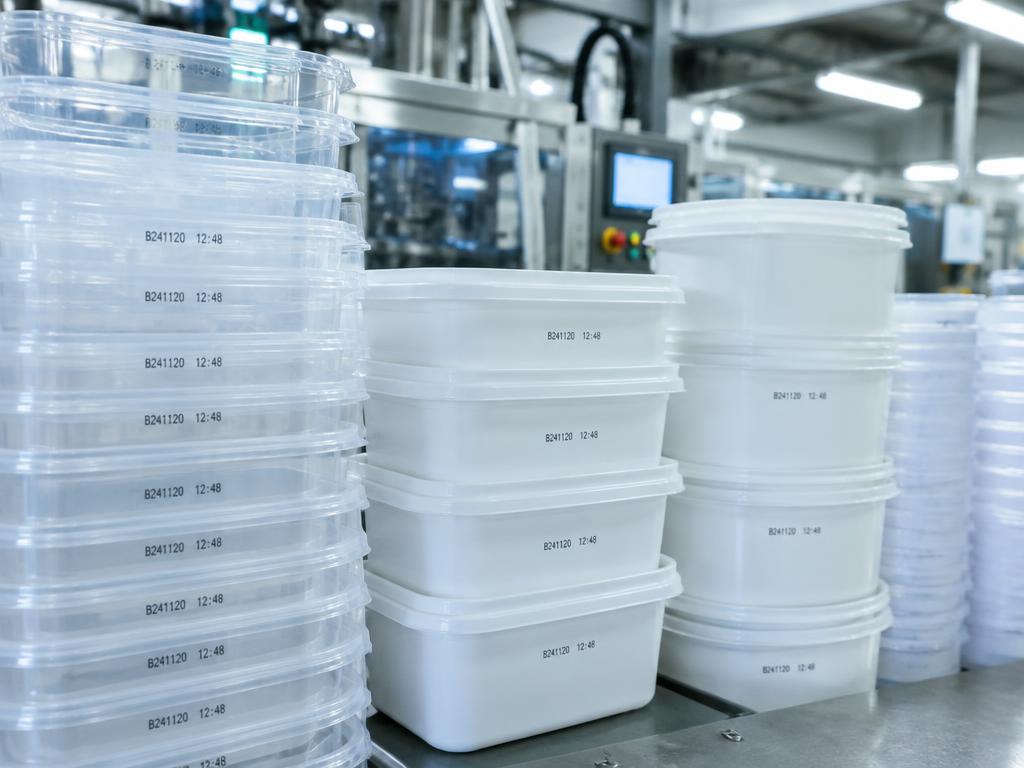 Stacked plastic containers printed with production codes
